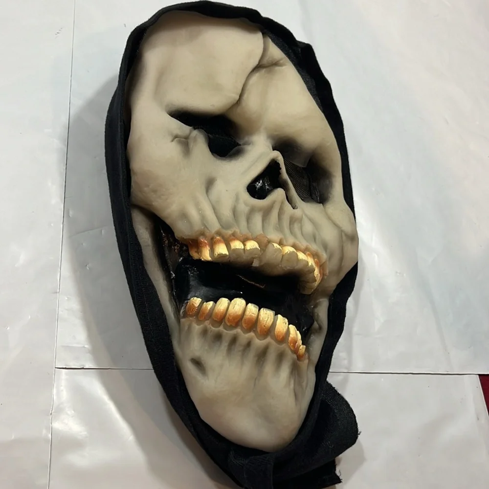 Skull face mask SCARY HORROR teeth open mouth cracked skull black hood Halloween